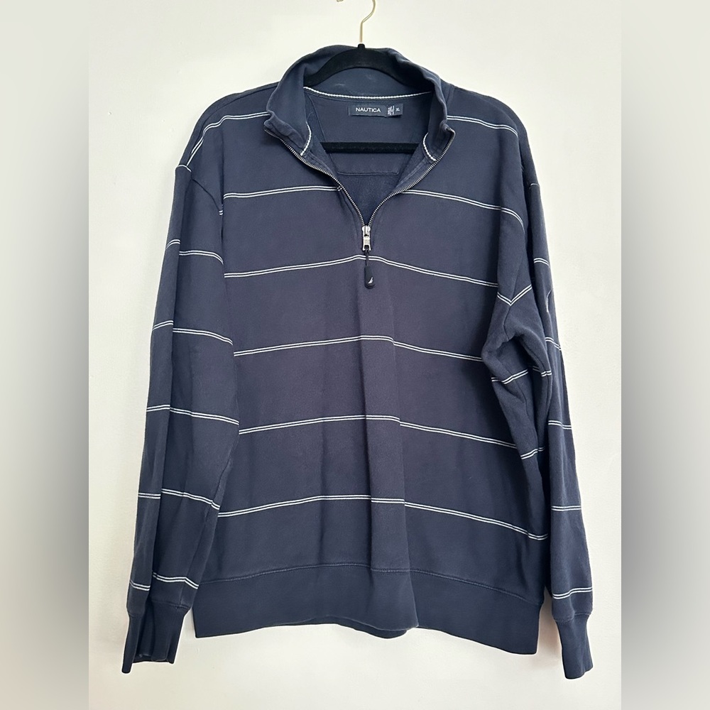 Nautica Sweater Mens Extra Large Blue White Striped Long Sleeve 1/4 Zip Casual